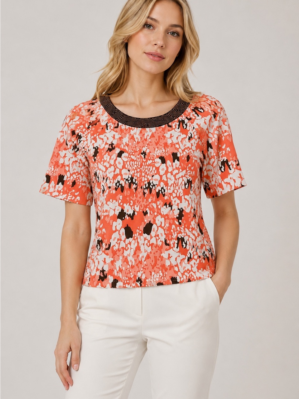 St. John Sport Cotton Blend Short-Sleeve Women's Top with Embellished Neckline